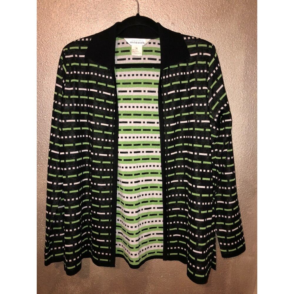 Misook Professional Office Business Preppy VSCO Black Green White Open Cardigan